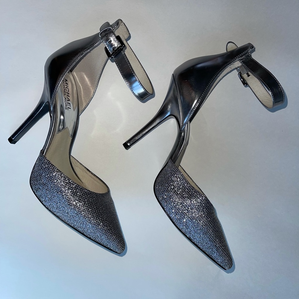 Michael kors gunmetal glitter BRENA ankle strap stiletto heels / size: 8